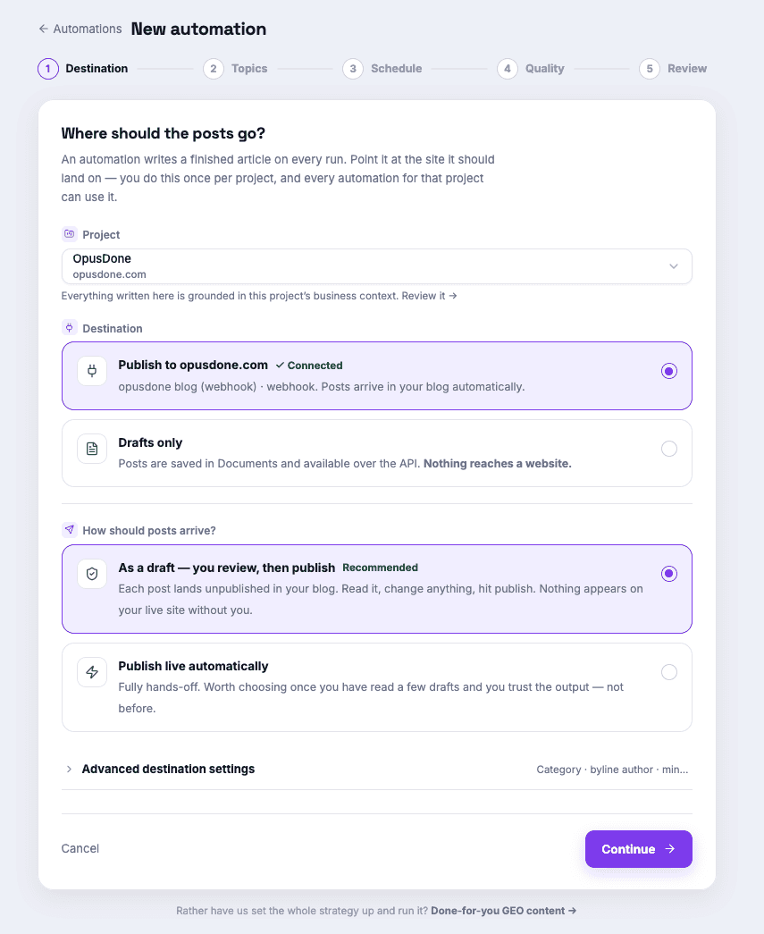 Choosing where finished posts should be published